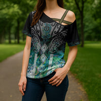 Aotearoa Maori Iwi Heritage Cross Shoulder Shirt Ngati Kahungunu Paua Shell Turquoise