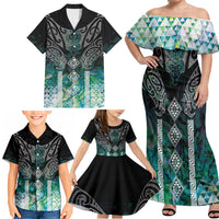 Aotearoa Maori Iwi Heritage Family Matching Off Shoulder Maxi Dress and Hawaiian Shirt Ngati Kahungunu Paua Shell Turquoise