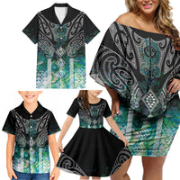 Aotearoa Maori Iwi Heritage Family Matching Off Shoulder Short Dress and Hawaiian Shirt Ngati Kahungunu Paua Shell Turquoise
