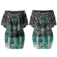 Aotearoa Maori Iwi Heritage Family Matching Off Shoulder Short Dress and Hawaiian Shirt Ngati Kahungunu Paua Shell Turquoise