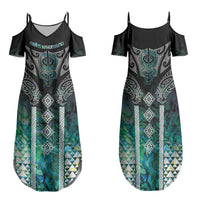 Aotearoa Maori Iwi Heritage Family Matching Summer Maxi Dress and Hawaiian Shirt Ngati Kahungunu Paua Shell Turquoise