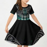 Aotearoa Maori Iwi Heritage Kid Short Sleeve Dress Ngati Kahungunu Paua Shell Turquoise