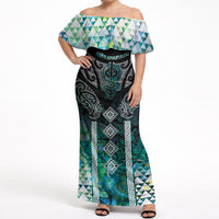Aotearoa Maori Iwi Heritage Off Shoulder Maxi Dress Ngati Kahungunu Paua Shell Turquoise