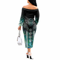 Aotearoa Maori Iwi Heritage Off The Shoulder Long Sleeve Dress Ngati Kahungunu Paua Shell Turquoise