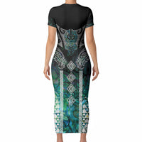 Aotearoa Maori Iwi Heritage Short Sleeve Bodycon Dress Ngati Kahungunu Paua Shell Turquoise