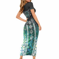 Aotearoa Maori Iwi Heritage Short Sleeve Bodycon Dress Ngati Kahungunu Paua Shell Turquoise