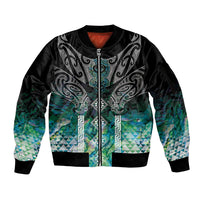 Aotearoa Maori Iwi Heritage Sleeve Zip Bomber Jacket Ngati Kahungunu Paua Shell Turquoise