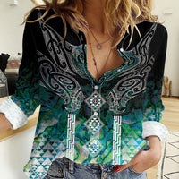 Aotearoa Maori Iwi Heritage Women Casual Shirt Ngati Kahungunu Paua Shell Turquoise