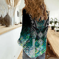 Aotearoa Maori Iwi Heritage Women Casual Shirt Ngati Kahungunu Paua Shell Turquoise