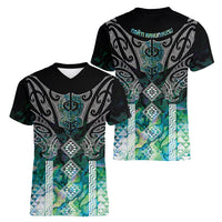 Aotearoa Maori Iwi Heritage Women V-Neck T-Shirt Ngati Kahungunu Paua Shell Turquoise