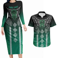 Aotearoa Maori Iwi Heritage Couples Matching Long Sleeve Bodycon Dress and Hawaiian Shirt Ngai Tahu Pounamu Green