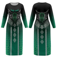 Aotearoa Maori Iwi Heritage Couples Matching Long Sleeve Bodycon Dress and Hawaiian Shirt Ngai Tahu Pounamu Green