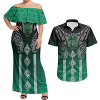 Aotearoa Maori Iwi Heritage Couples Matching Off Shoulder Maxi Dress and Hawaiian Shirt Ngai Tahu Pounamu Green