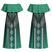 Aotearoa Maori Iwi Heritage Couples Matching Off Shoulder Maxi Dress and Long Sleeve Button Shirt Ngai Tahu Pounamu Green