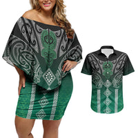 Aotearoa Maori Iwi Heritage Couples Matching Off Shoulder Short Dress and Hawaiian Shirt Ngai Tahu Pounamu Green