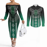 Aotearoa Maori Iwi Heritage Couples Matching Off The Shoulder Long Sleeve Dress and Long Sleeve Button Shirt Ngai Tahu Pounamu Green