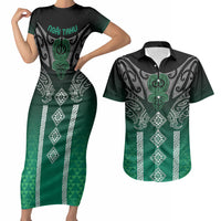 Aotearoa Maori Iwi Heritage Couples Matching Short Sleeve Bodycon Dress and Hawaiian Shirt Ngai Tahu Pounamu Green