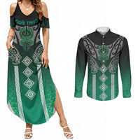Aotearoa Maori Iwi Heritage Couples Matching Summer Maxi Dress and Long Sleeve Button Shirt Ngai Tahu Pounamu Green