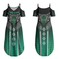 Aotearoa Maori Iwi Heritage Couples Matching Summer Maxi Dress and Long Sleeve Button Shirt Ngai Tahu Pounamu Green