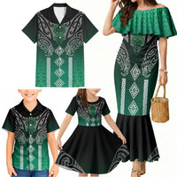 Aotearoa Maori Iwi Heritage Family Matching Mermaid Dress and Hawaiian Shirt Ngai Tahu Pounamu Green