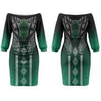 Aotearoa Maori Iwi Heritage Family Matching Off The Shoulder Long Sleeve Dress and Hawaiian Shirt Ngai Tahu Pounamu Green