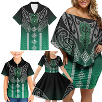 Aotearoa Maori Iwi Heritage Family Matching Off Shoulder Short Dress and Hawaiian Shirt Ngai Tahu Pounamu Green