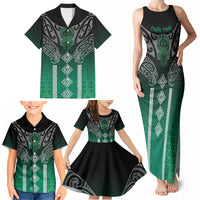 Aotearoa Maori Iwi Heritage Family Matching Tank Maxi Dress and Hawaiian Shirt Ngai Tahu Pounamu Green