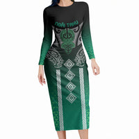 Aotearoa Maori Iwi Heritage Long Sleeve Bodycon Dress Ngai Tahu Pounamu Green
