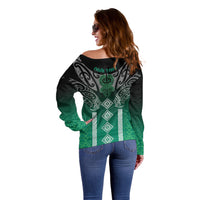 Aotearoa Maori Iwi Heritage Off Shoulder Sweater Ngai Tahu Pounamu Green