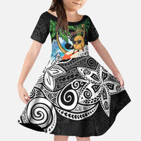 Tropical Christmas Polynesian Family Matching Puletasi and Hawaiian Shirt Funny Surfing Pineapple LT7 Daughter's Dress Black - Polynesian Pride