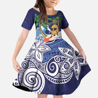 Tropical Christmas Polynesian Family Matching Off Shoulder Maxi Dress and Hawaiian Shirt Funny Surfing Pineapple Blue LT7 Daughter's Dress Blue - Polynesian Pride