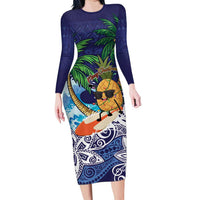 Tropical Christmas Polynesian Long Sleeve Bodycon Dress Funny Surfing Pineapple Blue LT7 Long Dress Blue - Polynesian Pride