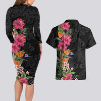 Hawaii Flowers Tribal Pattern Couple Long Sleeve Bodycon Dress and Hawaiian Shirt LT9