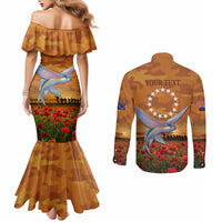 Cook Islands ANZAC Day Personalised Couples Matching Mermaid Dress and Long Sleeve Button Shirt with Poppy Field LT9 - Polynesian Pride
