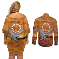 Cook Islands ANZAC Day Personalised Couples Matching Off Shoulder Short Dress and Long Sleeve Button Shirt with Poppy Field LT9 - Polynesian Pride