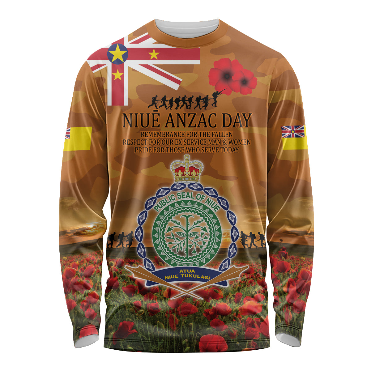 Niue ANZAC Day Personalised Long Sleeve Shirt with Poppy Field LT9 Unisex Art - Polynesian Pride