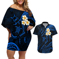 Hawaii Couples Off Shoulder Short Dress and Hawaiian Shirt Niihau Islands Polynesian Sunset Plumeria Blue Vibe LT9 Blue - Polynesian Pride