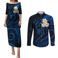 Hawaii Couples Puletasi Dress and Long Sleeve Button Shirts Niihau Islands Polynesian Sunset Plumeria Blue Vibe LT9 Blue - Polynesian Pride