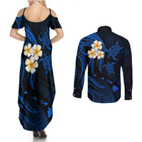Hawaii Couples Summer Maxi Dress and Long Sleeve Button Shirts Niihau Islands Polynesian Sunset Plumeria Blue Vibe LT9 - Polynesian Pride