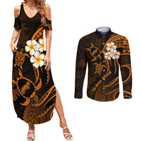 Hawaii Couples Summer Maxi Dress and Long Sleeve Button Shirts Niihau Islands Polynesian Sunset Plumeria Gold Vibe LT9 Gold - Polynesian Pride