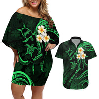 Hawaii Couples Off Shoulder Short Dress and Hawaiian Shirt Niihau Islands Polynesian Sunset Plumeria Green Vibe LT9 Green - Polynesian Pride