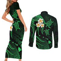 Hawaii Couples Short Sleeve Bodycon Dress and Long Sleeve Button Shirts Niihau Islands Polynesian Sunset Plumeria Green Vibe LT9 - Polynesian Pride