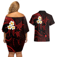 Polynesian Hawaii Couples Off Shoulder Short Dress and Hawaiian Shirt Niihau Islands with Pacific Plumeria Red Vibe LT9 - Polynesian Pride