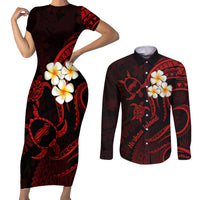 Polynesian Hawaii Couples Short Sleeve Bodycon Dress and Long Sleeve Button Shirts Niihau Islands with Pacific Plumeria Red Vibe LT9 Red - Polynesian Pride