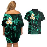 Polynesian Hawaii Couples Off Shoulder Short Dress and Hawaiian Shirt Niihau Islands with Pacific Plumeria Turquoise Vibe LT9 - Polynesian Pride