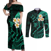 Polynesian Hawaii Couples Off Shoulder Maxi Dress and Long Sleeve Button Shirts Niihau Islands with Pacific Plumeria Turquoise Vibe LT9 Turquoise - Polynesian Pride