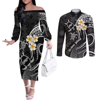 Polynesian Hawaii Couples Off The Shoulder Long Sleeve Dress and Long Sleeve Button Shirts Niihau Islands with Pacific Plumeria White Vibe LT9 White - Polynesian Pride