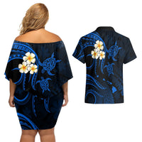 Hawaii Couples Off Shoulder Short Dress and Hawaiian Shirt Molokai Islands Polynesian Sunset Plumeria Blue Vibe LT9 - Polynesian Pride