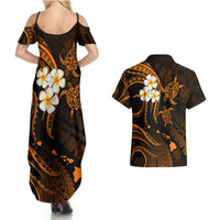 Hawaii Couples Summer Maxi Dress and Hawaiian Shirt Molokai Islands Polynesian Sunset Plumeria Gold Vibe LT9 - Polynesian Pride