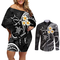 Polynesian Hawaii Couples Off Shoulder Short Dress and Long Sleeve Button Shirts Molokai Islands with Pacific Plumeria White Vibe LT9 White - Polynesian Pride
